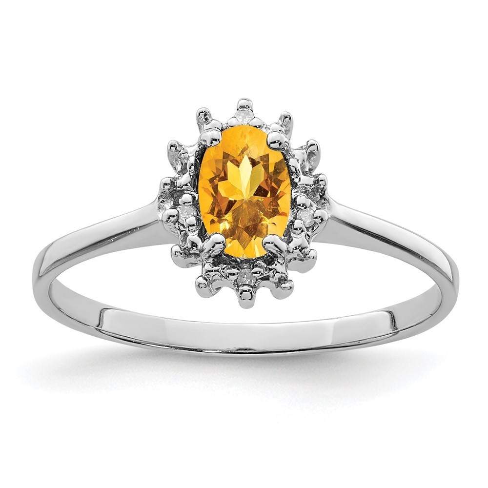 925 Sterling Silver Rhodium Citrine (November Birthstone) Diamond Ring Size 8